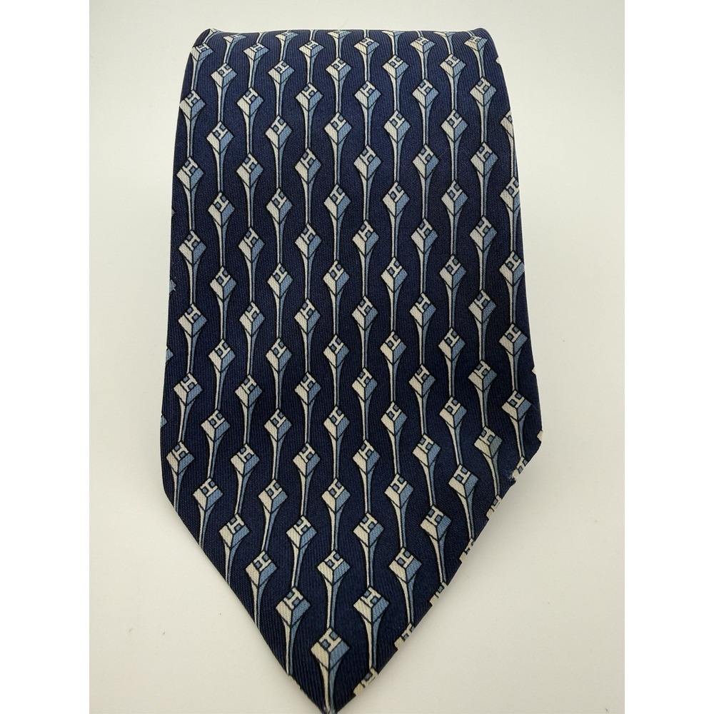 HERMÈS 922 HA Blue Geometric Monogrammed "H" Silk Tie FRANCE 56"/ 3.2" EC